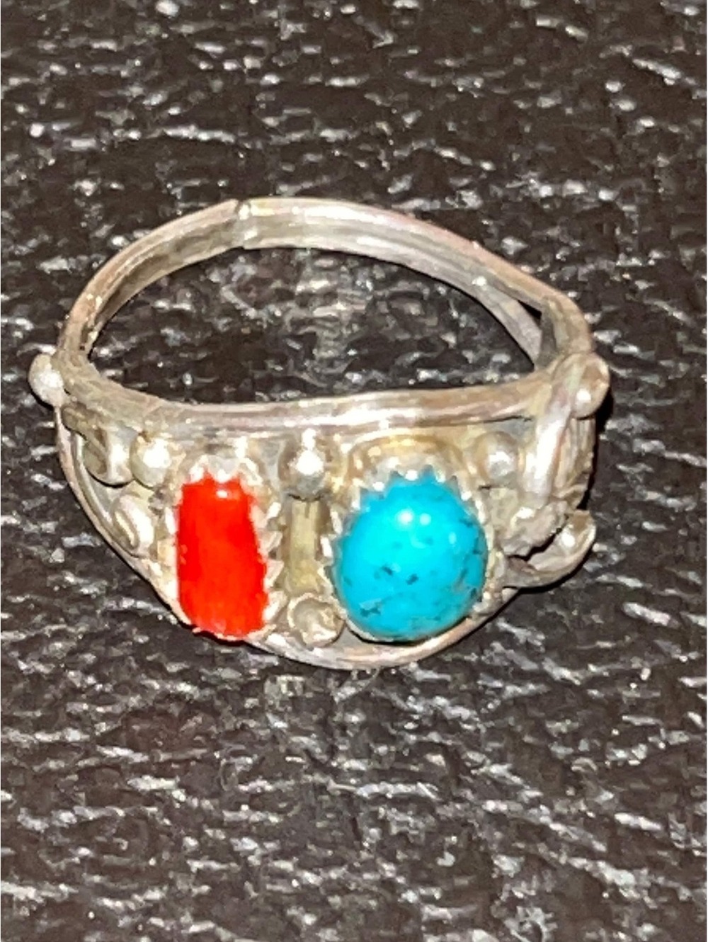 Navajo handmade turquoise coral sterling silver ring size 6.5 natural